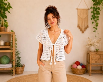Patrón de cárdigan de ganchillo con lazo frontal / Bolero de verano estilo boho cottagecore / Top de ganchillo minimalista y fácil con encaje / Descarga digital en PDF