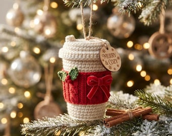 Crochet Coffee Cup Ornament Pattern, Holiday Coffee To Go Amigurumi, Christmas Tree Decor PDF