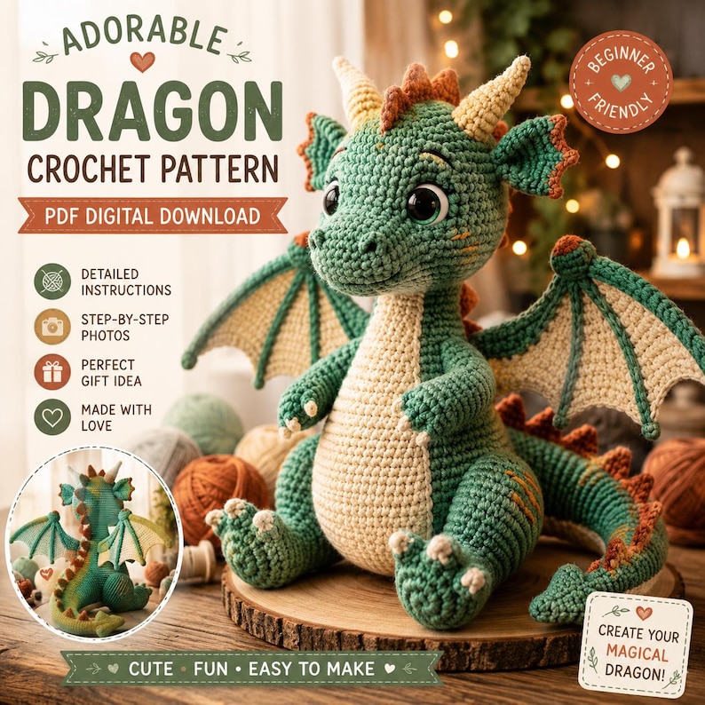 Peut inclure: Un adorable dragon crochet&eacute; vert et beige avec de grands yeux, des ailes et des cornes. L'image comprend le texte "Adorable Dragon Crochet Pattern" et "PDF Digital Download". Le dragon est assis sur une surface en bois.