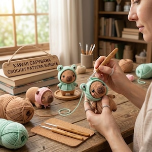 Könnte beinhalten: Ein Holzschild mit der Aufschrift "KAWAII CAPYBARA CROCHET PATTERN BUNDLE". Das Bild zeigt gehäkelte Capybaras, Garn und Häkelnadeln. Ein Capybara wird mit einem grünen Froschhütchen gehäkelt. Häkelnadeln sind 3,5 mm und 3,8 mm.