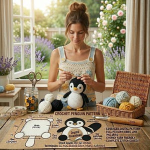 May include: A woman crocheting a black and white penguin. The image includes a crochet pattern, yarn, scissors, and a basket. The pattern is for a crochet penguin, with instructions and measurements.