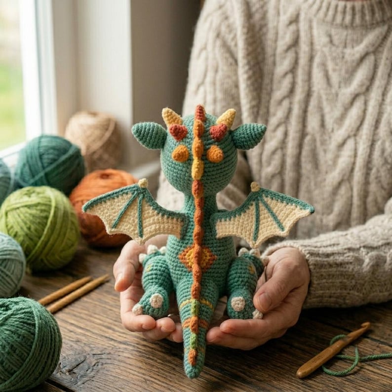 Peut inclure: Un dragon au crochet fait &agrave; la main, dans des tons de vert d'eau, d'orange et de jaune. Le dragon a des ailes, des cornes et une longue queue d&eacute;taill&eacute;es. Des pelotes de laine et des crochets sont visibles en arri&egrave;re-plan.