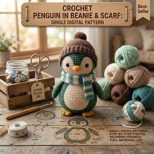 May include: A crocheted penguin wearing a brown beanie and a blue and white striped scarf. The penguin is next to a wooden box with buttons, a vintage scissor set, and balls of yarn. The image includes the text "CROCHET PENGUIN IN BEANIE & SCARF: SINGLE DIGITAL PATTERN."