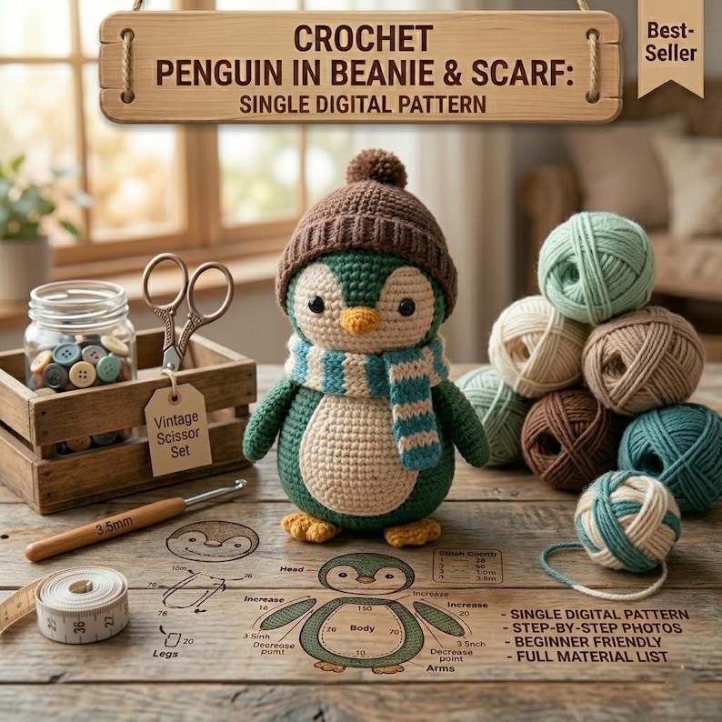 May include: A crocheted penguin wearing a brown beanie and a blue and white striped scarf. The penguin is next to a wooden box with buttons, a vintage scissor set, and balls of yarn. The image includes the text "CROCHET PENGUIN IN BEANIE & SCARF: SINGLE DIGITAL PATTERN."