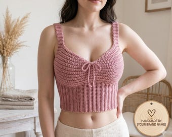 Patrón de top bustier de ganchillo, top corto acanalado DIY en PDF, patrón de ganchillo para principiantes, top sin mangas para festivales de verano, tutorial de estilo artesanal.