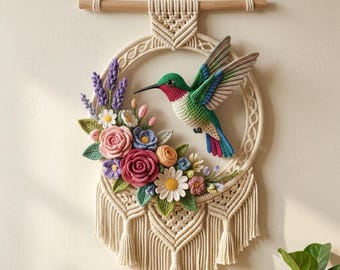 Patrón de ganchillo de colibrí, tutorial para tapiz floral 3D, arte textil de macramé con textura de pájaro, mandala de flores de primavera, descarga digital en PDF.