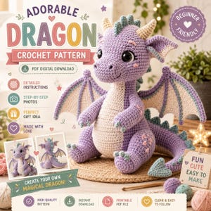 Virkmönster för amigurumi-drake, handledning för mytisk varelseleksak (PDF-nedladdning)