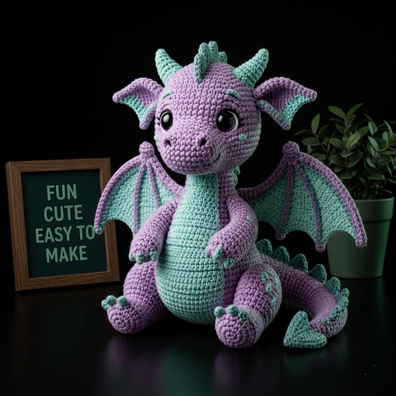 Peut inclure: Un dragon en crochet fait &agrave; la main, de couleurs violet et turquoise. Le jouet en peluche a de grands yeux, des ailes et une expression amicale. Un petit panneau encadr&eacute; &agrave; c&ocirc;t&eacute; du dragon indique "FUN CUTE EASY TO MAKE".