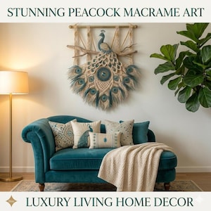 May include: A wall-mounted macrame peacock art piece featuring intricate cream-colored cord knots, teal-colored accents, and a central peacock figure perched on a wooden branch, suspended from a horizontal wooden rod with vertical hanging cords.