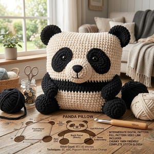 May include: A handmade panda pillow in cream and black yarn. The square pillow features a panda face with black eyes, ears, and a nose. The image includes yarn, a crochet hook, and a diagram with measurements in inches for the pillow's construction.