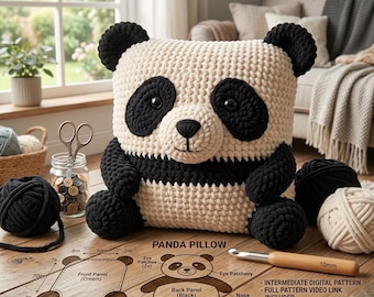 Patrón de cojín de panda a crochet en PDF / Tutorial de cojín de panda amigurumi adorable / Patrón de cojín de peluche kawaii a crochet / Apto para principiantes