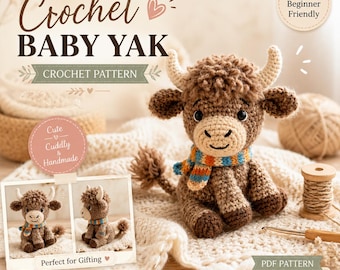 Patrón de ganchillo en PDF, Amigurumi de yak del Himalaya bebé, 5 en 1 estilo vaca de las Tierras Altas de invierno, corona de flores de fresa, descarga digital