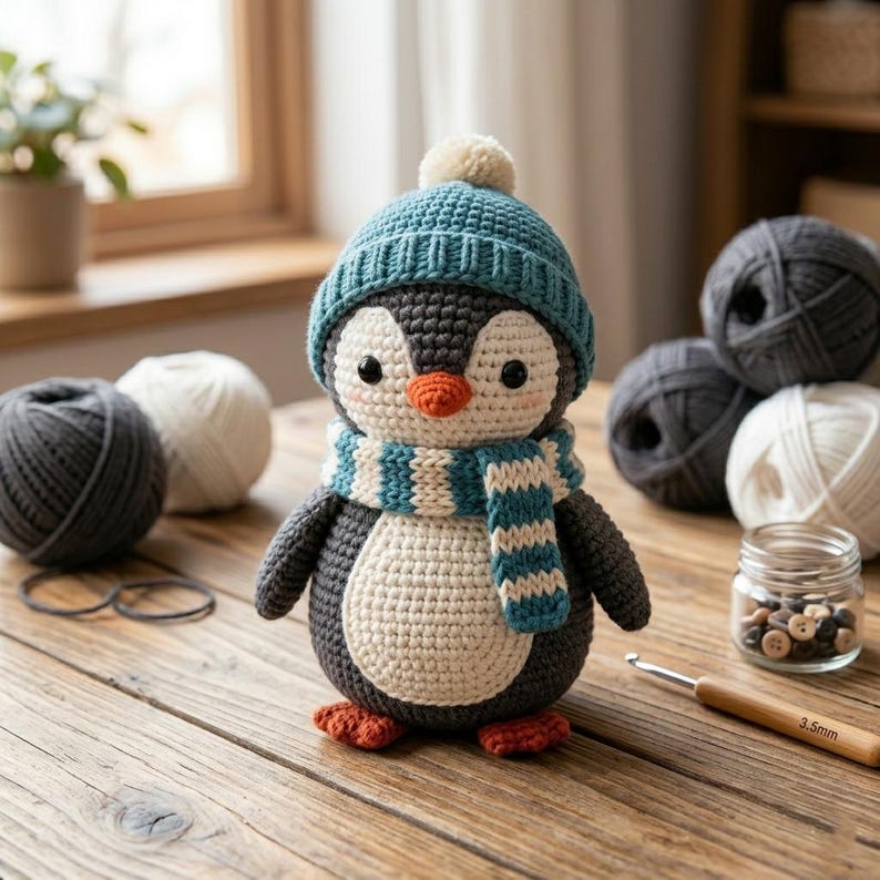 May include: A handmade crochet penguin doll wearing a blue hat and scarf with white and blue stripes. The penguin has a cream-colored belly, orange feet and beak. The doll is sitting on a wooden surface with yarn balls and a crochet hook.