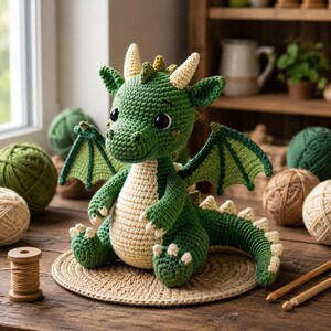 Peut inclure: Un dragon en crochet vert et cr&egrave;me fait &agrave; la main, avec de grands yeux noirs, des ailes et des cornes. Le dragon est assis sur un tapis rond beige. Des pelotes de laine et des bobines en bois sugg&egrave;rent un th&egrave;me artisanal.