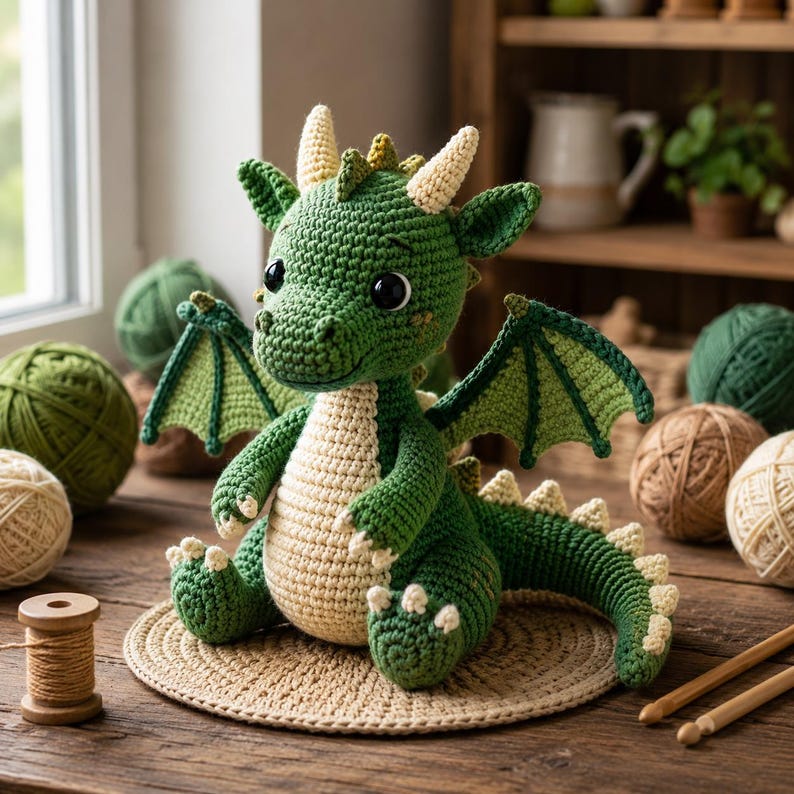 Peut inclure: Un dragon en crochet vert et cr&egrave;me fait &agrave; la main, avec de grands yeux noirs, des ailes et des cornes. Le dragon est assis sur un tapis rond beige. Des pelotes de laine et des bobines en bois sugg&egrave;rent un th&egrave;me artisanal.