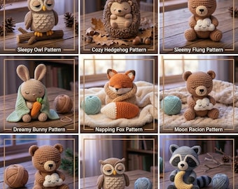 Paquete de patrones de crochet en PDF, amigurumi de animales del bosque dormilones, kit 6 en 1 para la guardería del bosque: búho, erizo, conejo, zorro, oso y mapache. Descarga digital.