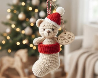 Crochet Bear in Stocking Ornament Pattern, Christmas Teddy Amigurumi, Holiday Baby Gift PDF