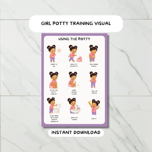 May include: A purple and white poster titled "GIRL POTTY TRAINING VISUAL" with illustrated steps for using the potty. The steps include "I need to go," "Walk to the potty," and "I did it!" The words "INSTANT DOWNLOAD" are at the bottom.