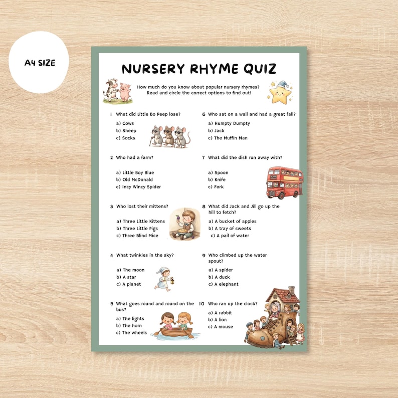 Nursery Rhyme Quiz Printable for Kids | Preschool Learning Activity ...