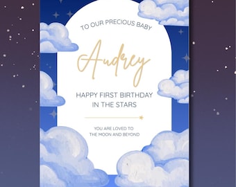 Plantilla de Feliz Primer Cumpleaños en las Estrellas / Tarjeta Editable / Recuerdo Conmemorativo de Estrellas / Diseño de Postal / Imprimible en Canva