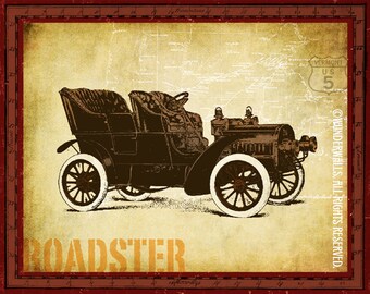 Car Roadster Vintage Transportation Map Roads Large 20" x 16" Canvas-Wrapped Frame: Roadster