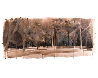 Sepia Watercolor Charcoal Forest Trees "Beyond the Clearing" Rich Brown Large 20" x 16" Canvas-Wrapped Frame