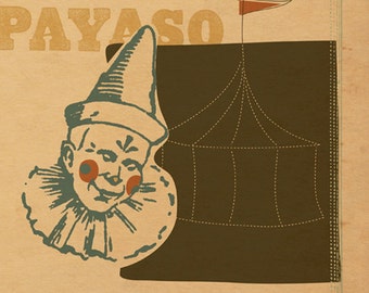 Payaso Circo Mexicano Xilografía Grande 20" x 20" Marco Envuelto en Lienzo