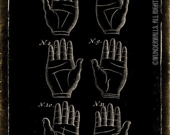 Palm Reading Fortune Teller Old Woodcut Life Lines Large 16" x 20" Canvas-Wrapped Frame: Life Lines Map One