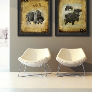 May include: Two framed sepia-toned illustrations of bison. The left image shows a single bison with a textured background. The right image shows a group of bison with a textured background.