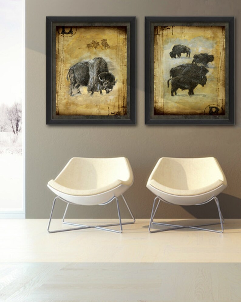 May include: Two framed sepia-toned illustrations of bison. The left image shows a single bison with a textured background. The right image shows a group of bison with a textured background.