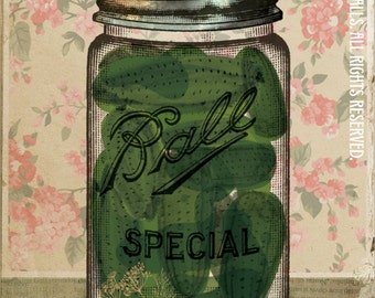 Canning Ball Jar Green Pickles Pink Floral Wallpaper Putting Up The Season Series Large 16" x 20" Canvas-Wrapped Frame: Pickles