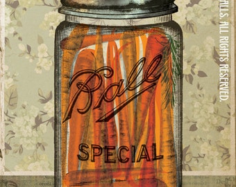 Canning Ball Jar Orange Carrots Green Floral Wallpaper Putting Up The Season Series Large 24" x 30" Canvas-Wrapped Frame: Carrots