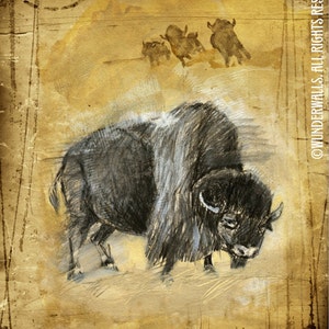 May include: A black and white illustration of a bison on a brown background. The bison is facing the left side of the image and has a long, shaggy mane. The background is a faded brown color with a few small, white spots.