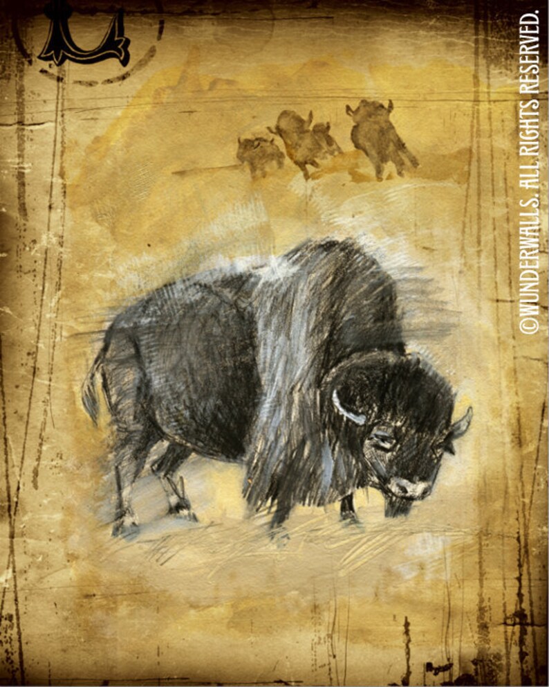 May include: A black and white illustration of a bison on a brown background. The bison is facing the left side of the image and has a long, shaggy mane. The background is a faded brown color with a few small, white spots.