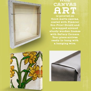 May include: A canvas print of yellow daffodils with green stems and leaves on a white background. The canvas is wrapped around a wooden frame with gallery corners and comes ready to hang with a hanging wire.