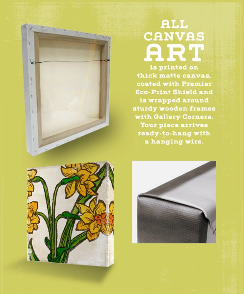 May include: A canvas print of yellow daffodils with green stems and leaves on a white background. The canvas is wrapped around a wooden frame with gallery corners and comes ready to hang with a hanging wire.
