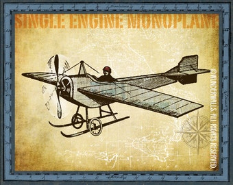 Airplane Plane Vintage Transportation Map Large 16" x 20" Canvas-Wrapped Frame: Monoplane