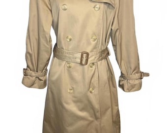 Vintage 90s Evan-Picone Preppy Trench Coat • Classic Tan • Patterned Lining-Med