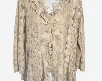 Vintage Romantic Cream Lace Ruffle 3D Floral Cardigan Layering Jacket