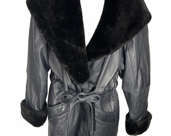 VTG Sotheby Leather Collection Black Leather Fur Trim Hooded Trench Jacket M