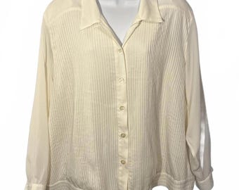 Vintage Elisabeth Liz Claiborne Cream Pleated Blouse Coastal Grandmacore Boho 18