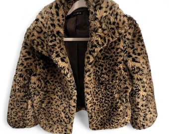 Rare Kids Vintage Toska Brown Faux Fur Jacket With Leopard Print. Size 12/14