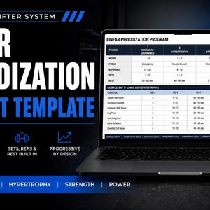 May include: A laptop displays a "Linear Periodization Workout Template" with a blue and white design. The screen shows a workout program with phases for muscular endurance, hypertrophy, strength, and power. The laptop is on a dark surface.