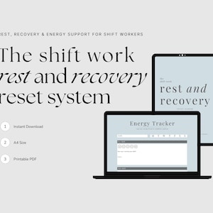 Könnte beinhalten: Ein digitales Produkt für Schichtarbeiter mit dem Text "The shift work rest and recovery reset system". Das Bild zeigt einen Laptop und ein Tablet, die einen Energietracker anzeigen. Zusätzlicher Text weist auf Sofort-Download, A4-Größe und druckbares PDF hin.