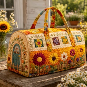 May include: A quilted, barrel-shaped bag with a vibrant floral design. The bag features a yellow background with large, colorful flower appliqués. The handles and trim have a floral pattern. The design includes a small door and fence.