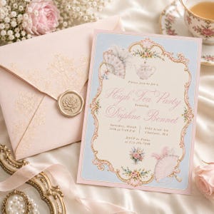Invitación elegante para una fiesta de té real de la época rococó / Plantilla editable de Canva + pegatinas (descarga digital)