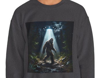 Bigfoot in Forest with UFO Beam Sweatshirt | Sasquatch Alien Encounter