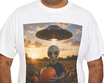 Alien in Pumpkin Patch UFO Halloween Teeshirt