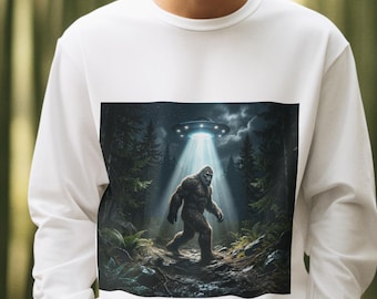 Bigfoot in Forest with UFO Beam Sweatshirt | Sasquatch Alien Encounter