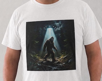 Bigfoot in Forest UFO Beam Graphic Shirt